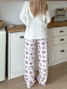 [WONDER WORLD]2pcs Hello Kitty Women Cute Plush Crew Neck Long Sleeve Top And Elastic Waist Straight Leg Pants Lounge Set, Fluffy Winter Clothes - Beige - View 3