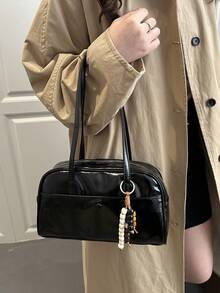1 chiếc túi tote khóa kéo phong cách retro tối giản, được trang trí bằng các ngăn nhỏ, có hai quai xách, phù hợp cho nữ giới sử dụng hàng ngày khi đi làm và dạo phố. - màu đen - Xem 5