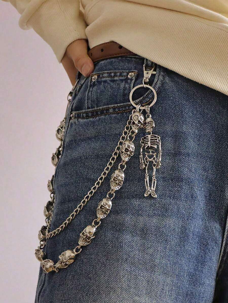 1pc Fashionable Double-Layer Punk Skull Pants Chain, Unique Streetwear Accessory, Suitable Parties And Gifts - 銀色 - 查看 1