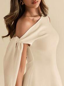 Vestido elegante ajustada de línea A con cinturilla atada y hombro asimétrico para mujer - Crema - Ver 2