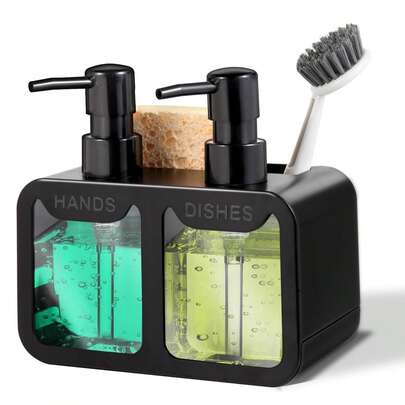 Bộ 2 bình đựng xà phòng, nước rửa tay và nước rửa chén, giá đựng bọt biển và giá để bàn chải, bộ bình đựng xà phòng kép 4 trong 1, hộp đựng chất lỏng hai đầu nhấn bằng tay có chức năng thoát nước, thích hợp cho phòng tắm, nhà bếp, 1/2 chiếc