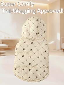 1pc Soft & Cute Pet Dog Apparel, Fashionable Design, Comfortable Soft Material, Dotted Rhombus Pattern, Paw Print Graphic, Hooded Winter Coat, Versatile For Spring, Autumn & Winter, High-Quality & Stylish