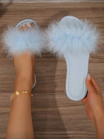 Women's Round Toe Flat Fuzzy Comfortable Slip-On Beach Sandals, Versatile For Vacation