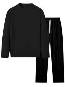 男士纯色华夫格休闲套装，长袖圆领卫衣搭配纯色抽绳长裤，独特舒适的休闲套装，适合男士日常休闲穿着和度假穿着，春秋季节适用。 - 黑色 - 查看 9