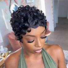 Short Pixie Wigs Short Black Curly Pixie Wigs Synthetic Hair Wigs  Natural Wavy Black Pixie Cut Wig Short Curly Layered Pixie Wig - 黑色 - 查看 7