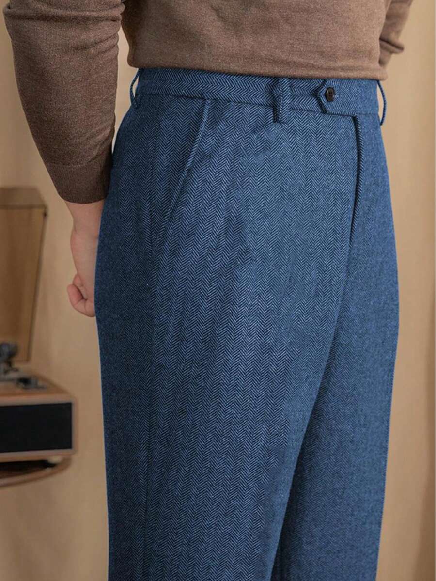 Mens Pants Wool Tweed Herringbone Vintage Dress Pant Trousers Regular Fit Suit Pants For Men - Blue 2 - View 1
