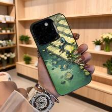 Cubierta de telefono estilo arte acuarela verde con hombre sentado en escaleras y flores amarillas CASETTO para iPhone uso diario y estetico Aplicable a los teléfonos de la serie Apple y Galaxy - Negro - Ver 4