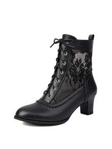 Retro Style Victorian Ankle Boots Lace Hollow Mesh Heel Shoes Fashionable Lace-Up Spliced Brogue Ladies High Heels Woman - Black - View 9