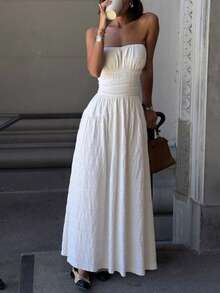 女士纯白色亚麻波西米亚风优雅性感抹胸荷叶边连衣裙，修身设计凸显身材，适合海滩度假、婚礼、派对、音乐节、圣诞节、情人节等夏季场合。 - 白色 - 查看 3