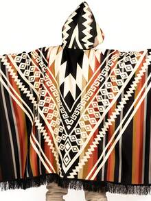 Men's Print Fringe Poncho - Multicolor Pattern Oversized Cape, Warm & Artistic Outerwear For Bohemian Street Style, Festival & Autumn Layering Looks, Gifts For Men