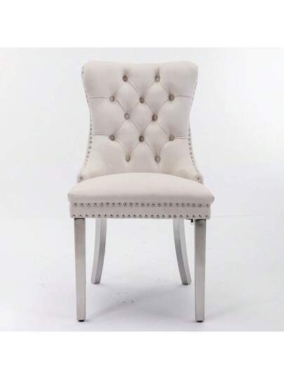 Furniture, Nikki Moderne Collection, High End Upholstered Solid Wood Contemporary Dining Stoel Chrome Stainless Steel Legs Nail Ornament, Set Of 2, Grijs Chrome, DE1701GY view 2