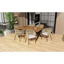 Garden Dining Set, 7 Pieces, Garden Lounge Set Made Of Rope, 6 Armchairs And 1 Table, Table Made Of Acacia Wood, With Footrest And Six Seat Cushions, Removable And Washable
