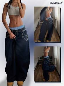 Jeans à jambe large style rétro américain pour femmes, bleu marine avec surpiqûres contrastées, pantalon casual ample style hip-hop et streetwear