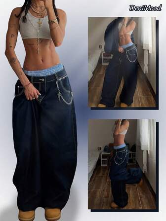 Retro American Style Women's Wide Leg Jeans, Navy Blue With Contrast Stitching, Loose Fit Casual Hiphop Street Wear Pants