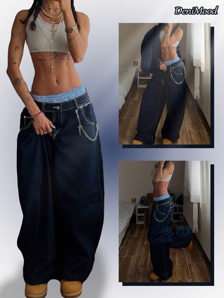 Jeans à jambe large style rétro américain pour femmes, bleu marine avec surpiqûres contrastées, pantalon casual ample style hip-hop et streetwear