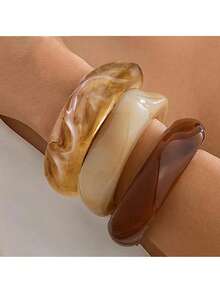 3 件夸张不对称亚克力半透明手链，百搭时尚，适合女性在旅行、度假、约会、购物、派对、日常、户外活动、摄影、生日礼物中佩戴 - 米色+黃色+咖色 - 查看 5