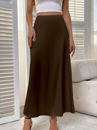 Women's Solid Color Elegant Zipper Slit Skirt, Satin Fabric With Slight Stretch, Elegant Minimalist Fashion Suitable For Summer