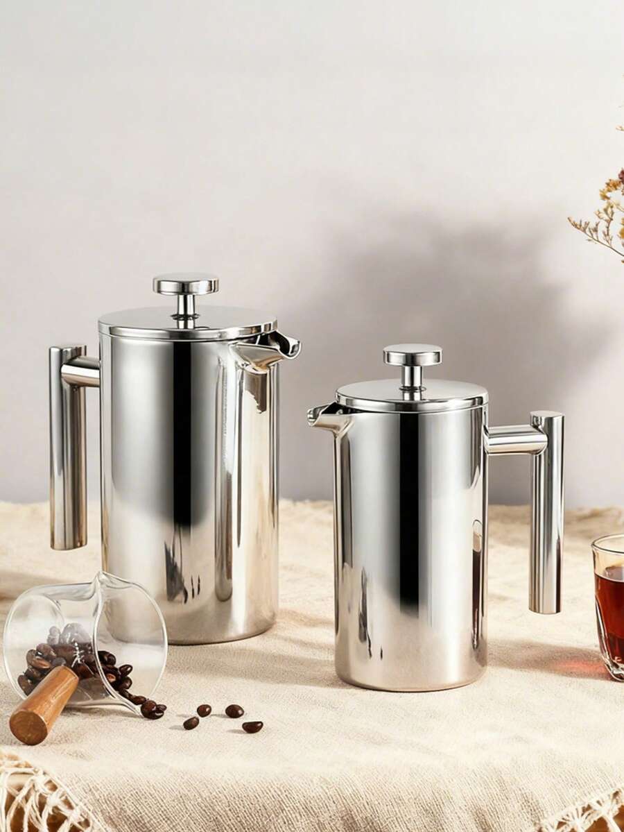1PC 304 Stainless Steel French Press,Double-Laver Pour-Over Coffee Pot, Tea Brewing Pot, French Press Coffee Maker, Home And Outdoor Coffee Tool, Suitable For Home, Office,Camping,Travel, Afternoon Tea - Silver - View 1