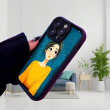 Cubierta de teléfono con diseño de chica en suéter amarillo sobre fondo estrellado para uso diario en interiores y lectura Aplicable a teléfonos Apple y Galaxy. - Negro - Ver 3