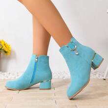 Botas de tobillo de ante con colgante de rhinestone para mujer, elegantes botas de oficina para otoño/invierno, estilo europeo y americano, versátiles, estilizadoras y que aumentan la altura - Azul cielo - Ver 5