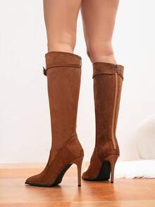 秋冬女士尖头细高跟过膝长靴，后拉链真皮靴，性感百搭前卫经典款，适合旅行、派对、约会、户外日常穿着，细高跟 - 棕色 - 查看 7