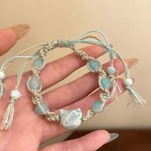 New Chinese Style Blue Cat Beaded Bracelet Cute And Adorable KT Cat Multicolored Woven Rope Sweet Girl Heart Hand Jewelry - S121 Dây thừng nhiều màu sắc  [Xanh dương] - Xem 8