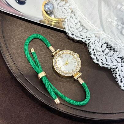 1pc Women's Colorful Nylon Pull-Out Chain Alloy Rhinestone Case Arabic Numeral Scale Print Dial Quartz Watch, New Christmas Gift