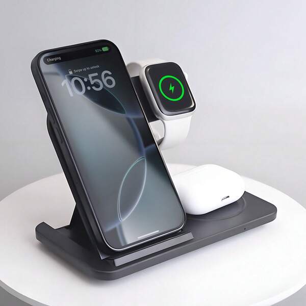 Foldable Wireless Charging Station For Multiple Devices 15W 3 In 1 Fast Charger Station Stand Dock Compatible With Apple Watch Series 10 9 8 7 6 SE 5 4 3 2 Ultra Compatible With Earphone 4 Pro 3 2 Compatible With IPhone 17 Air 16 16e 15 14Pro 14 13 Pro Max 13 12 11 Pro X Max XS XR 8