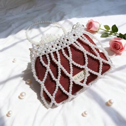 Gucci Red Makeup Bag For Women, Mini Crossbody Bag With Detachable Pearl Strap And Full Pearl Decoration, DIY Style Fashion Shoulder Bag, Luxury Aesthetic Cosmetic Pouch, Perfect Gift For Her, Ideal Gift For Birthday Anniversary Holiday, Versatile Bag For Daily Use Travel Dating Party And Commute