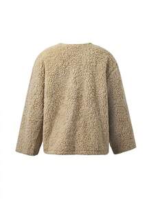 Chaqueta casual de cuello redondo con efecto de borreguillo estilo coreano para mujer, gruesa y cálida, corte holgado, versátil para otoño/invierno - Caqui - Ver 9