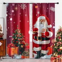 2PCS Festive Santa Claus And Christmas Tree Printed Curtains - Red, Digital Printed Polyester Curtains With Rod Pocket, Suitable For Living Room, Bedroom, Kitchen, And Festive Decoration, Christmas Curtains