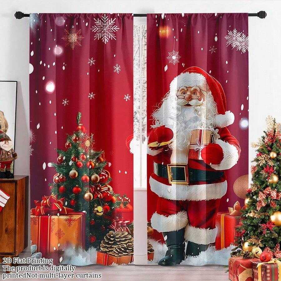 2PCS Festive Santa Claus And Christmas Tree Printed Curtains - Red, Digital Printed Polyester Curtains With Rod Pocket, Suitable For Living Room, Bedroom, Kitchen, And Festive Decoration, Christmas Curtains