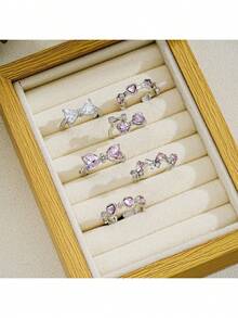 Niche Design Heart Ring Exquisite Light Luxury Ring Butterfly Ring Adjustable Open Finger Ring Three-Piece Set - Bạc - Xem 4