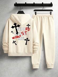 SECRET BASE Men's Religious "Jesus" & Cross Graphic Hoodie And Sweatpants Set - Oversized Streetwear TracksuitSECRET BASE Men's Religious "Jesus" & Cross Graphic Hoodie And Sweatpants Set - Oversized Streetwear Tracksuit - 杏色 - 查看 2