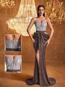 Brown Strapless Sequin Corset Evening Gown With High Slit, Sexy Formal Mermaid Dress For Women, Sparkly Prom Gown, Luxury Gala Dress, Off Shoulder Beaded Long Dress, Red Carpet Slim Fit Maxi Dress