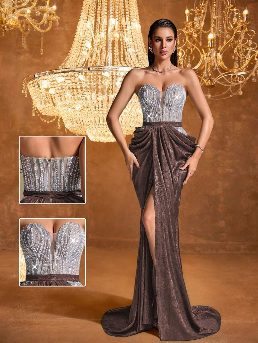 Brown Strapless Sequin Corset Evening Gown With High Slit, Sexy Formal Mermaid Dress For Women, Sparkly Prom Gown, Luxury Gala Dress, Off Shoulder Beaded Long Dress, Red Carpet Slim Fit Maxi Dress
