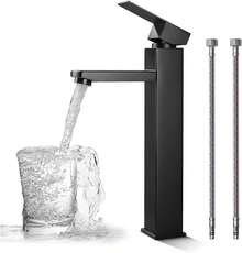 YC-HOGAR Grifo para lavabo moderno Grifo para baño moderno Grifo monomando para lavabo con 1 orificio, montaje sobre encimera, con mangueras de suministro de agua y desagüe automático ABS sin rebosadero, negro y plateado - Negro - Ver 1