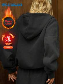 GEMCHO Sudadera con capucha holgada para mujer con hombros caídos, cremallera, cordón y bolsillos - Cómoda para salidas y ejercicio, estilo otoño/invierno - Negro - Ver 2