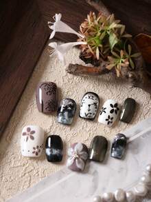 10片装亚克力美甲贴片，白色花朵时钟猫眼黑色棕色重工风短款假指甲，人造指甲套装，包含1张粘性贴片和1个迷你指甲锉。 - 彩色 - 查看 1