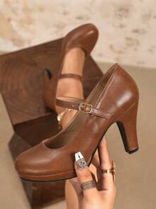 棕色复古厚底高跟鞋，圆头玛丽珍鞋，优雅女士办公鞋，女士厚底高跟鞋 - 棕色 - 查看 3