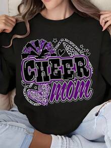 Cheer Mom Print Long Sleeve Sweatshirt Women Round Neck Pullover Top For Cheerleading Supporter Moms - 黑色 - 查看 1