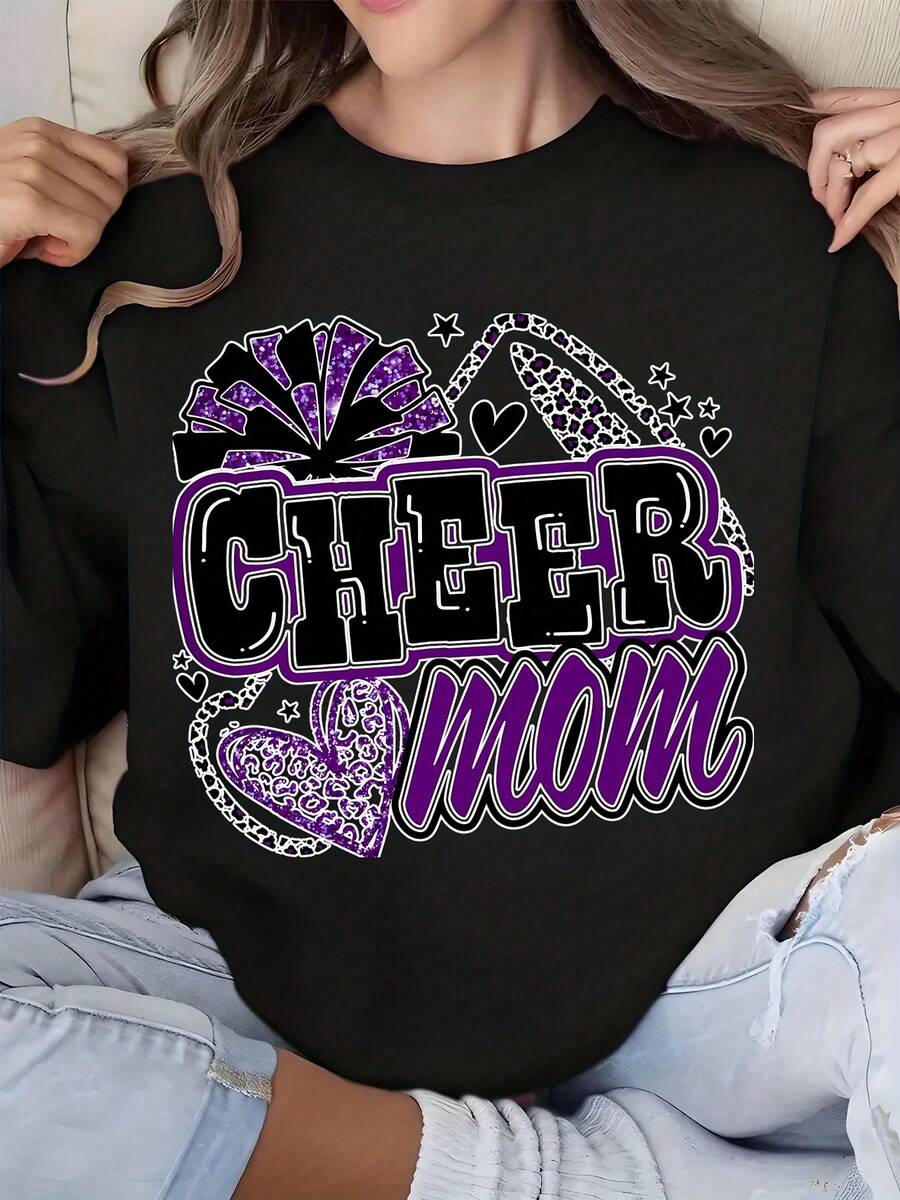 Cheer Mom Print Long Sleeve Sweatshirt Women Round Neck Pullover Top For Cheerleading Supporter Moms - 黑色 - 查看 1