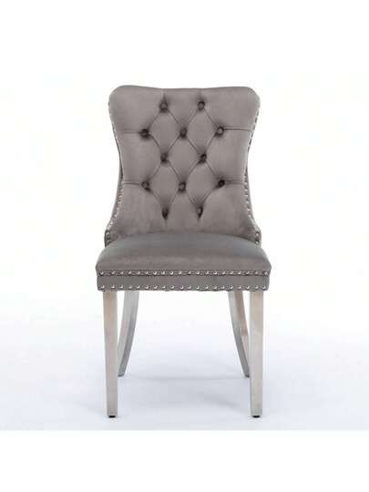 Furniture, Nikki Moderne Collection, High End Upholstered Solid Wood Contemporary Dining Stoel Chrome Stainless Steel Legs Nail Ornament, Set Of 2, Grijs Chrome, DE1701GY view 2