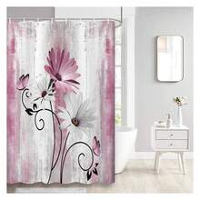 Rustic Farmhouse Shower Curtain, Farm Pink Daisy Floral Flowers And Butterfly On Country Wooden Shower Curtain For Bathroom, Pink Grey Bathroom Shower Curtains With 12PCS Hooks, 48X70IN - 多色553 - 查看 1