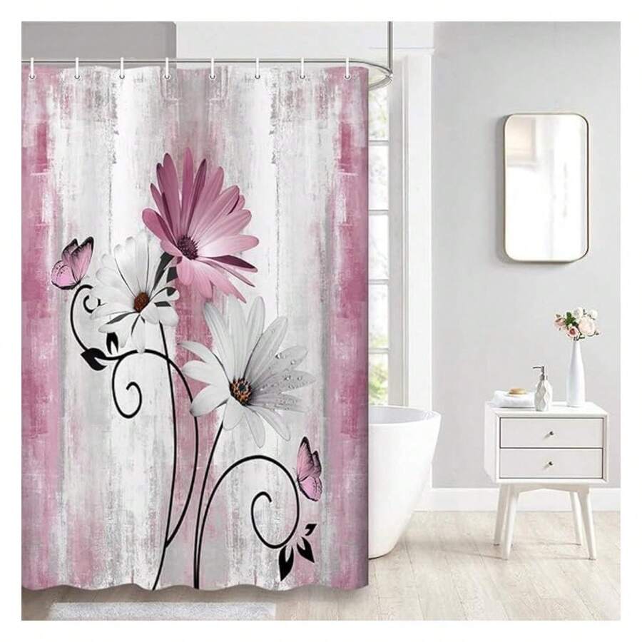 Rustic Farmhouse Shower Curtain, Farm Pink Daisy Floral Flowers And Butterfly On Country Wooden Shower Curtain For Bathroom, Pink Grey Bathroom Shower Curtains With 12PCS Hooks, 48X70IN - 多色553 - 查看 1