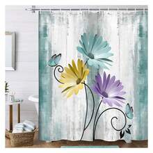 Rustic Farmhouse Shower Curtain, Farm Teal Daisy Floral Flowers And Butterfly On Country Wooden Shower Curtain For Bathroom, Turquoise Blue Bathroom Shower Curtains With 12PCS Hooks, 70X75IN - 多色567 - 查看 1