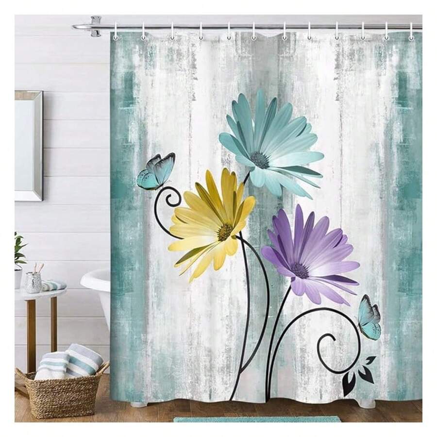 Rustic Farmhouse Shower Curtain, Farm Teal Daisy Floral Flowers And Butterfly On Country Wooden Shower Curtain For Bathroom, Turquoise Blue Bathroom Shower Curtains With 12PCS Hooks, 70X75IN - 多色567 - 查看 1