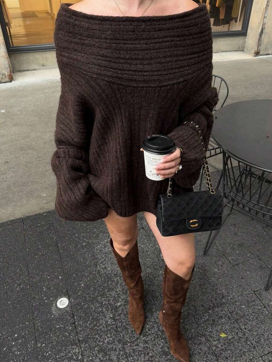 Autumn/Winter New Open Shoulder Loose Lantern Sleeve Long Hem Casual Elegant Knit Sweater, Suitable For Outing, Date, Back To School, Holiday, Street Style In Brown Spring - Brown - View 1
