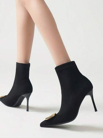 2025 女士法式短靴，尖头修身弹力踝靴，黑色，春秋季，高跟鞋