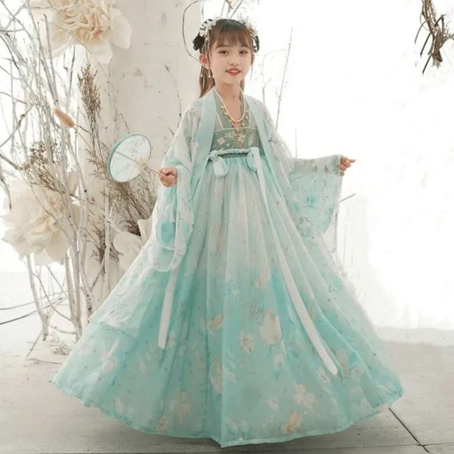 Summer Tang Girls Dresses Cosplay Perform Baby Hanfu Vestidos Party Long Chinese Dress Girl Costume Kids Clothes Children Outfit - 2號綠色蝴蝶外套 - 查看 1